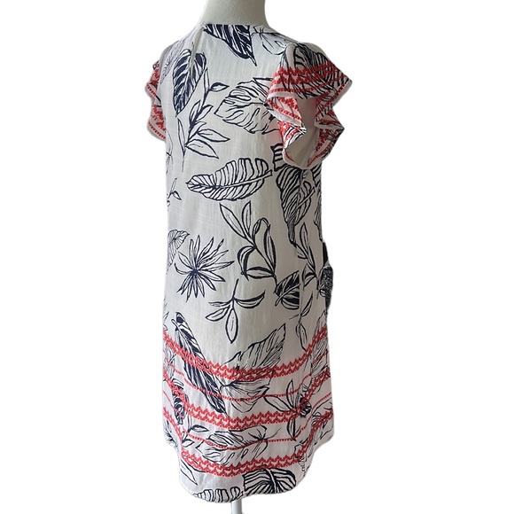 T H M L  white navy print shift dress contrasting embroidered flutter sleeves  M - Picture 9 of 10